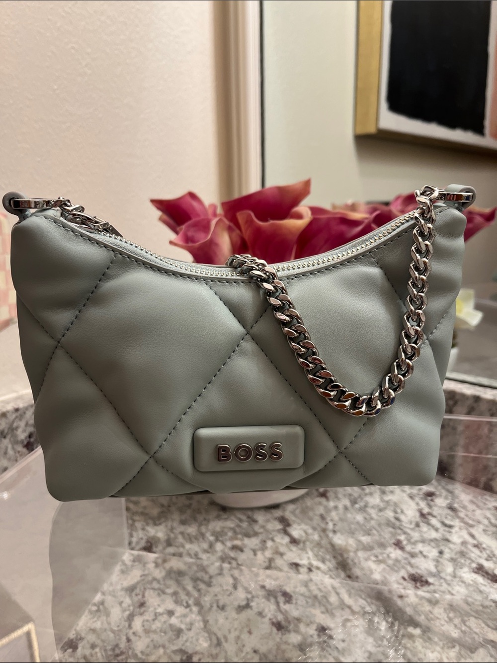 BOSS Quilted Shoulder Bag in Sage Green with Chain Strap
